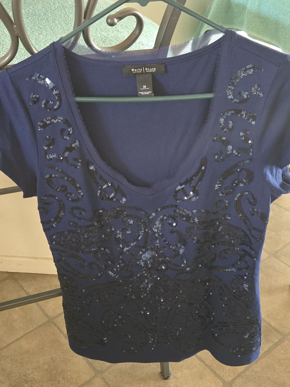White House Black Market Navy Short Sleeve Sequin Scoop Neck Tee